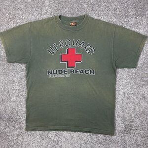Vintage Nude Beach Lifeguard Shirt Mens Large Olive Green Port Aransas Texas‎